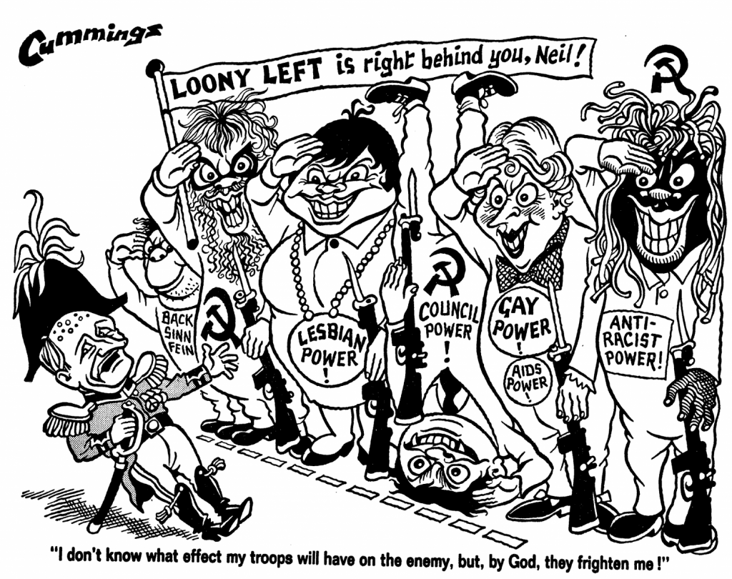 A cartoon shows lots of minority figures grotesquely caricatured.